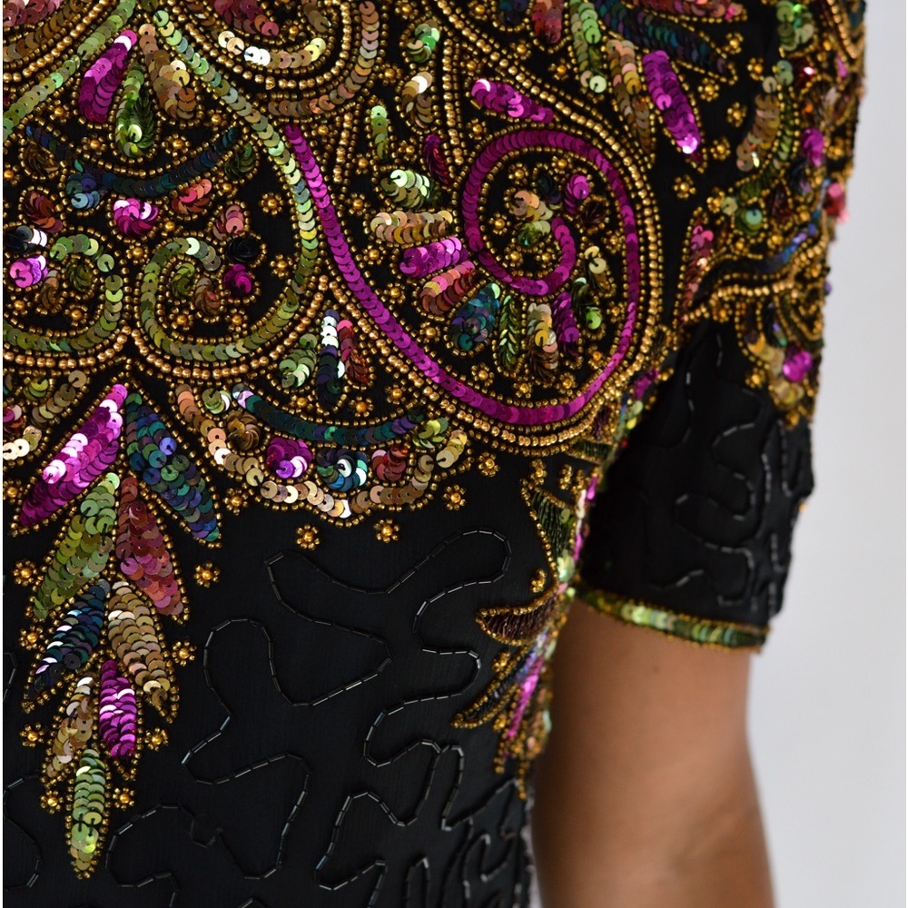 Vintage 80s Lawrence Kazar Embellished multicolor Sequin Cocktail Dress size PL - Picture 5 of 17